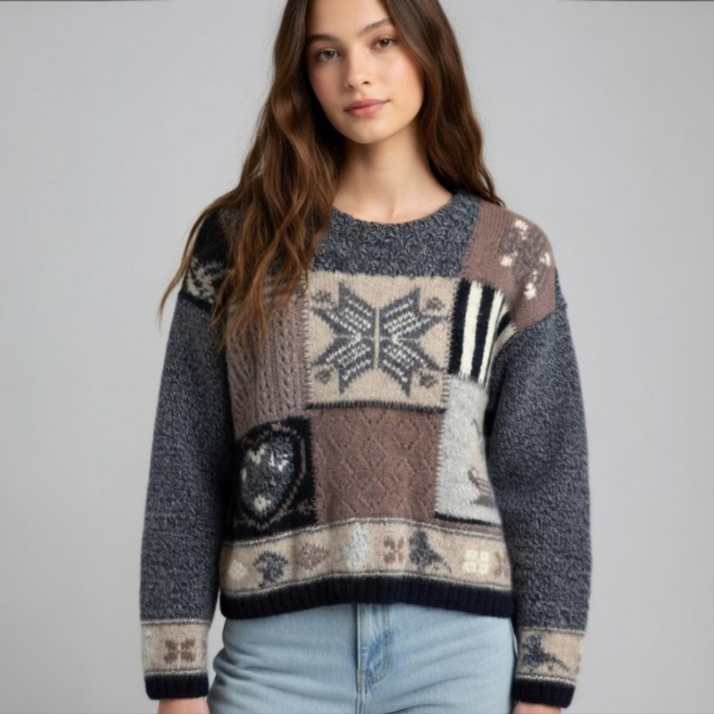Eddie Bauer Wool Blend Nordic Patchwork Sweater Vintage 90s Womens Size Small